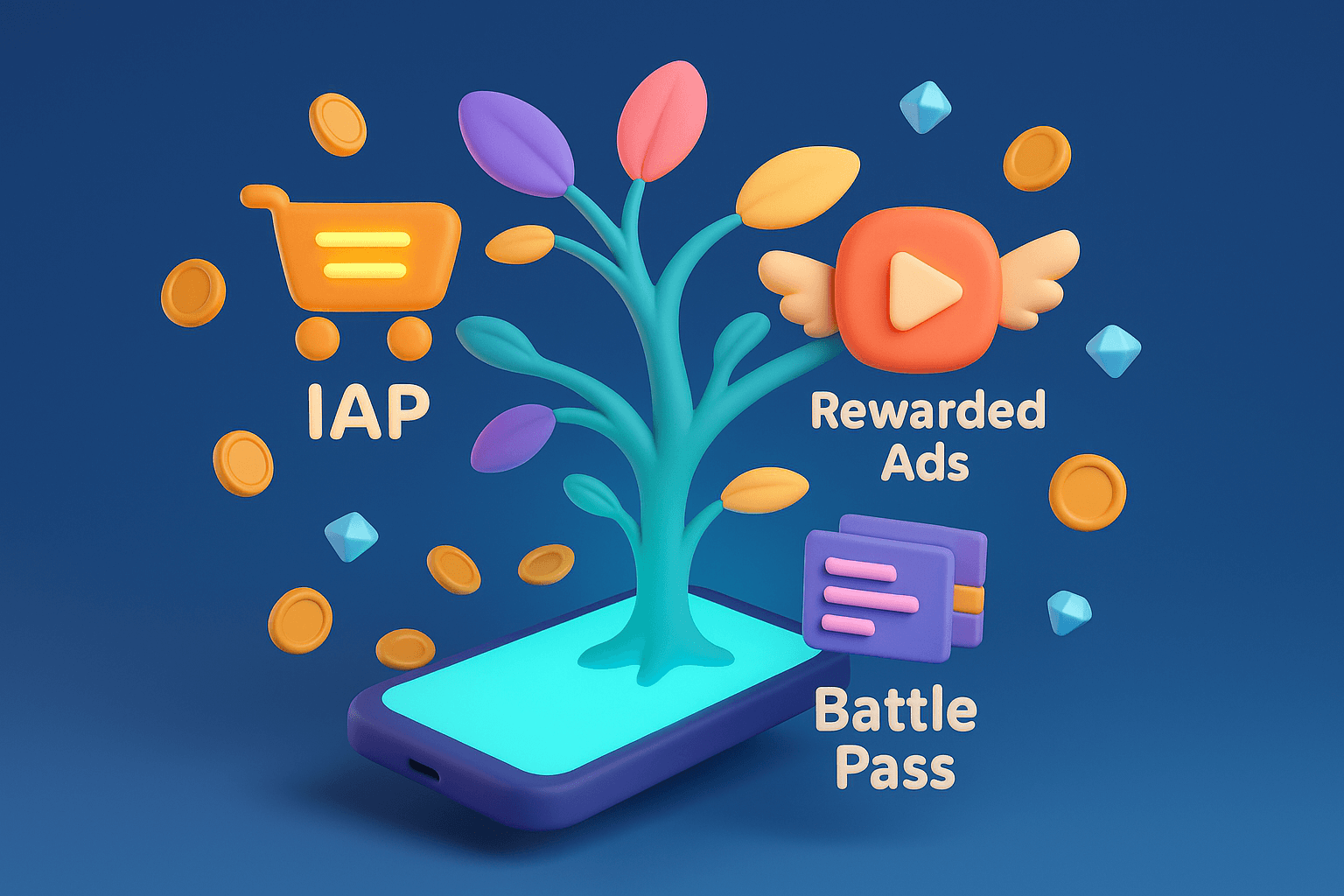 A 3D illustration of **game monetization strategies for 2025**, showing icons for IAPs, rewarded ads, and subscriptions.