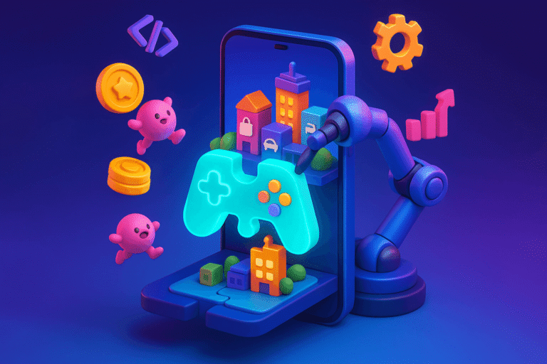 A 3D illustration showing the concept of outsourcing game development for superapps