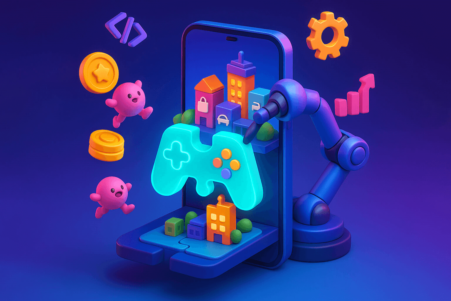 A 3D illustration showing the concept of outsourcing game development for superapps